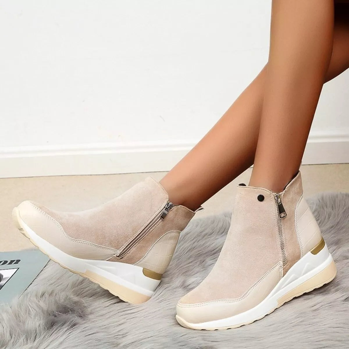 Side Zipper Ankle Boots - Beige