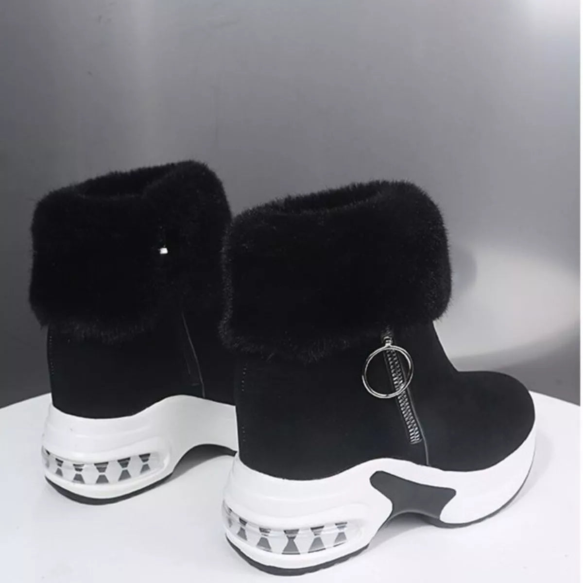Fuzzy Side Zipper Platform Ankle Boots -