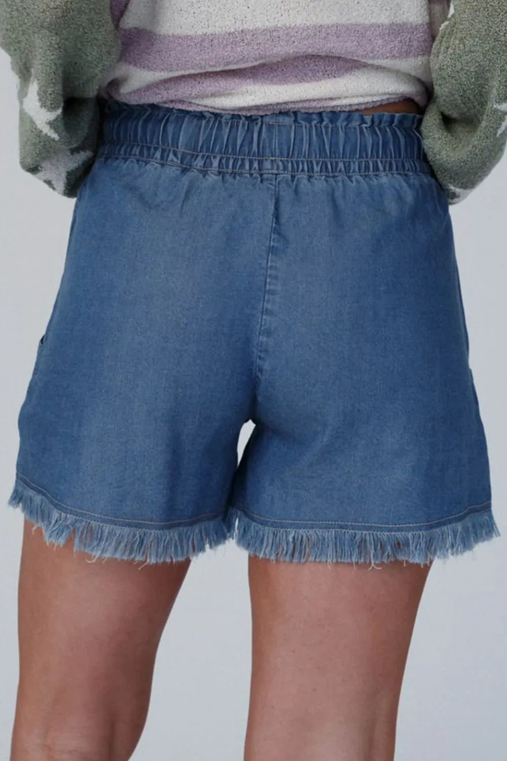 Raw Hem Drawstring High Waist Denim Shorts -