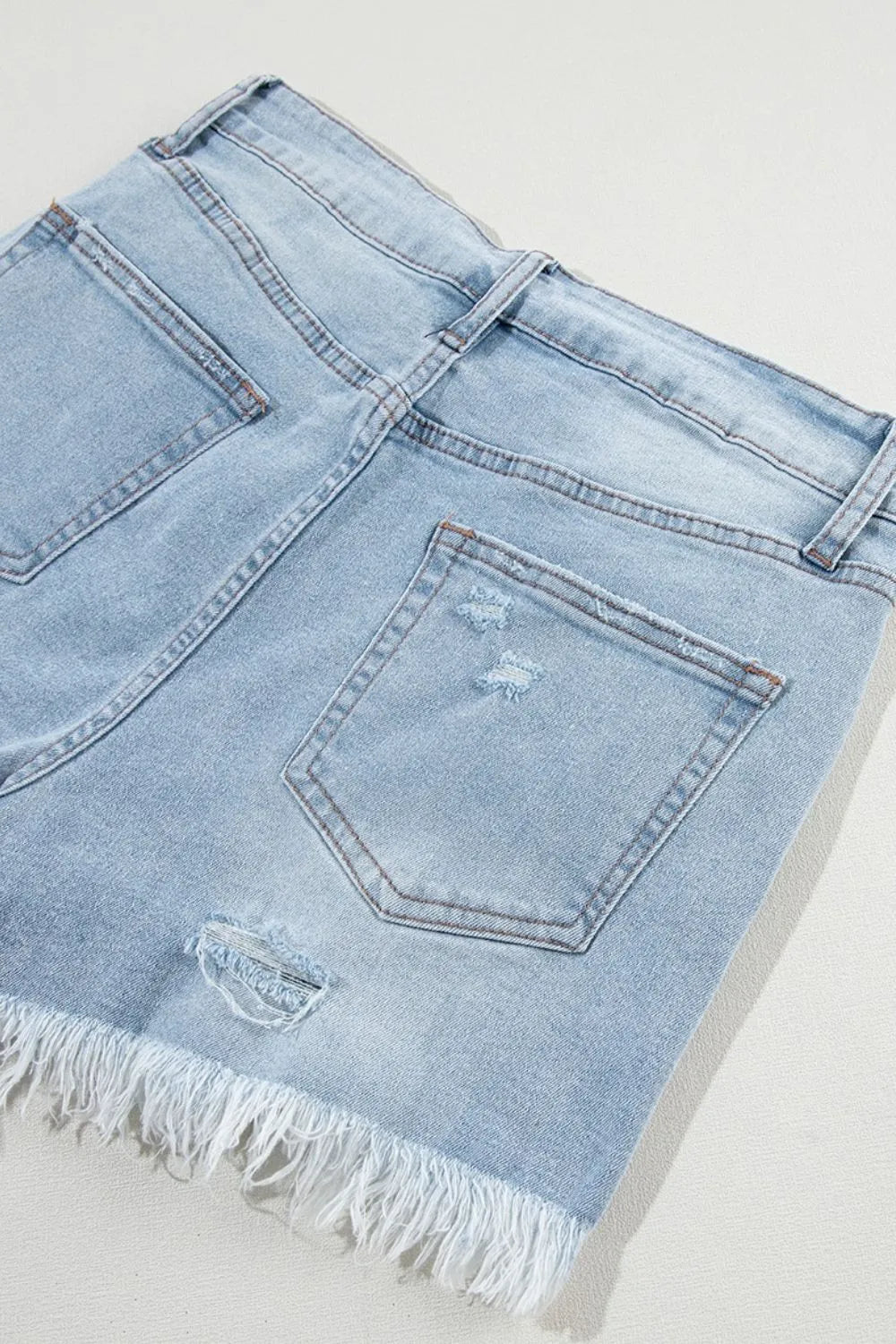Distressed Raw Hem High Waist Denim Shorts -