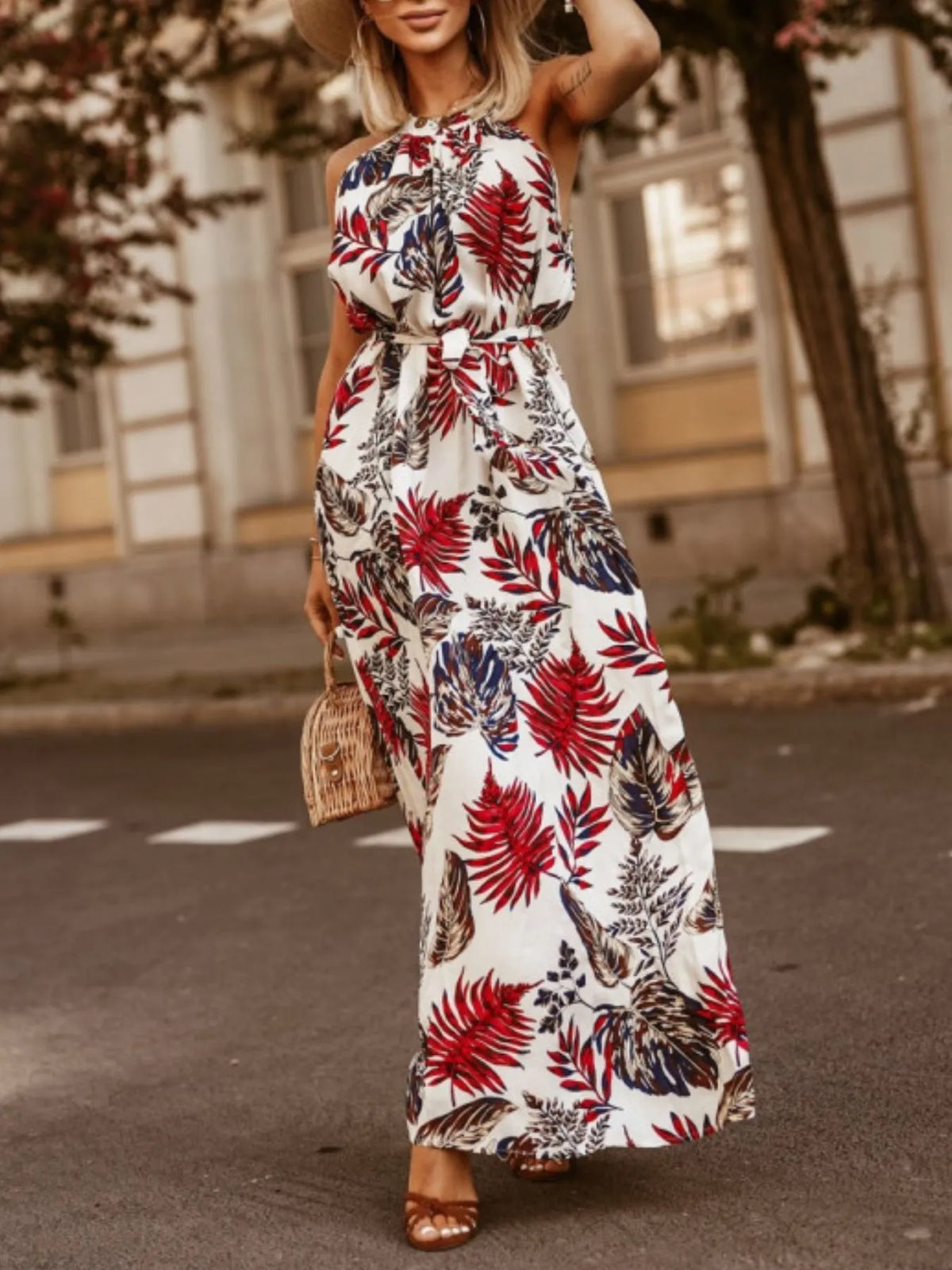 Tropical Floral Halter Neck Summer Dress -