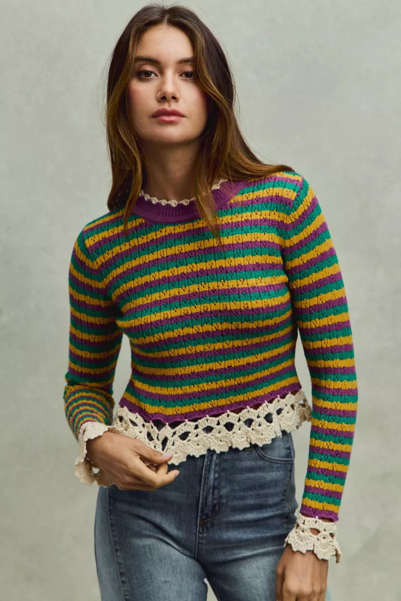 Mardi Gras Striped Cropped Knit Top - Multicolor