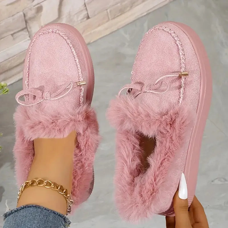 Bow Furry Round Toe Flat Slip-Ons - Pale Blush