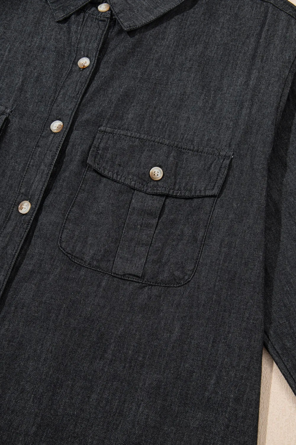 Collared Neck Long Sleeve Denim Top -