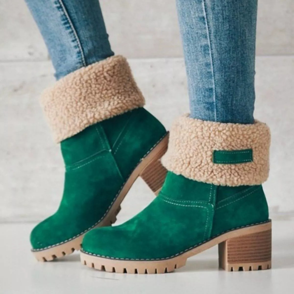 Round Toe Block Heels Boots - Dark Green