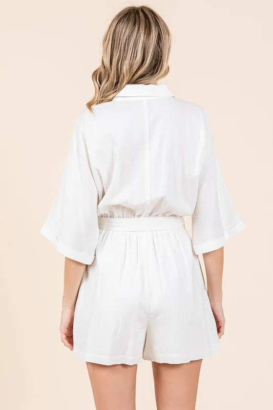 Tie Waist Half Sleeve Romper -