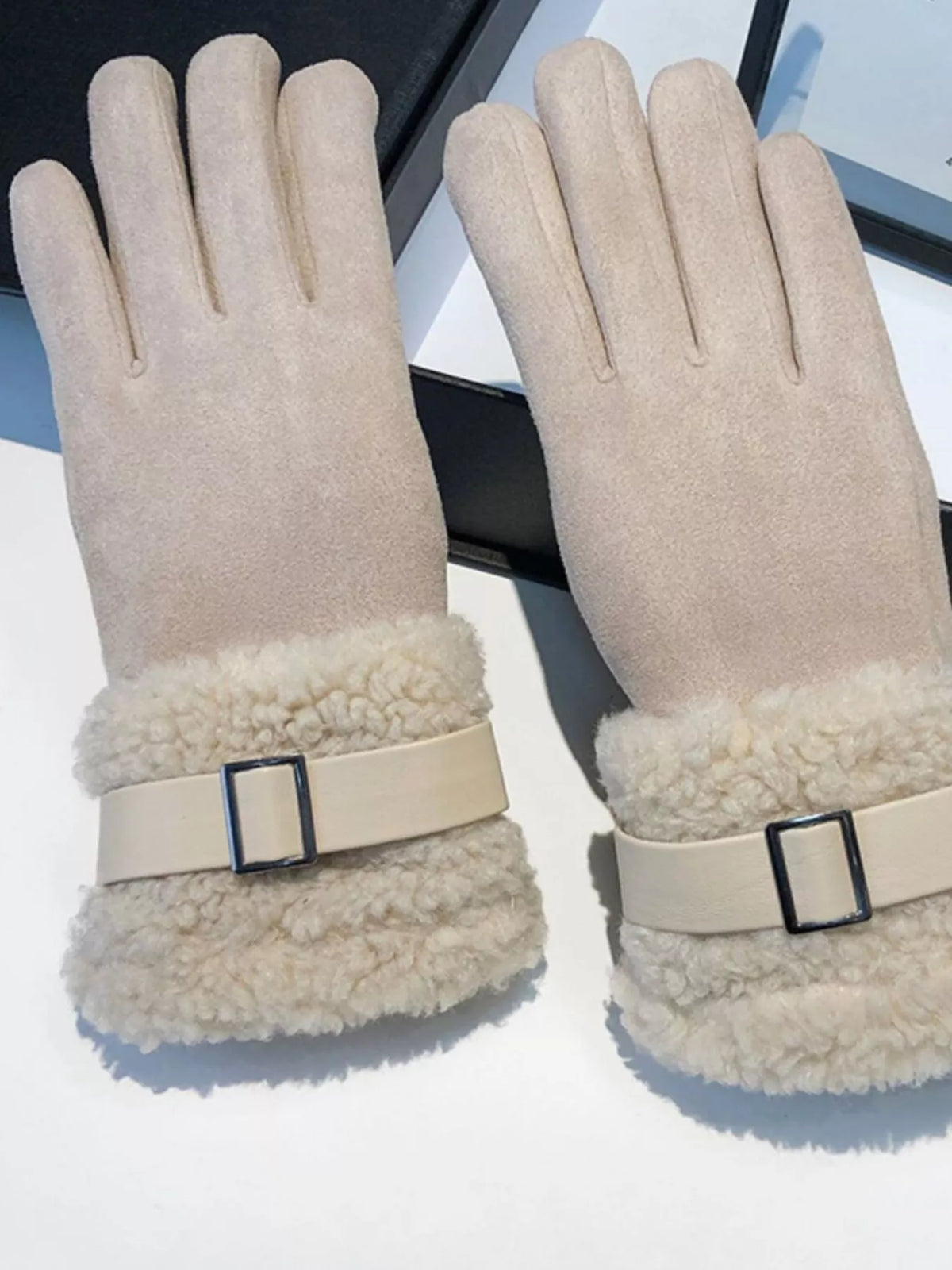 Suede Gloves with Fur Cuff -