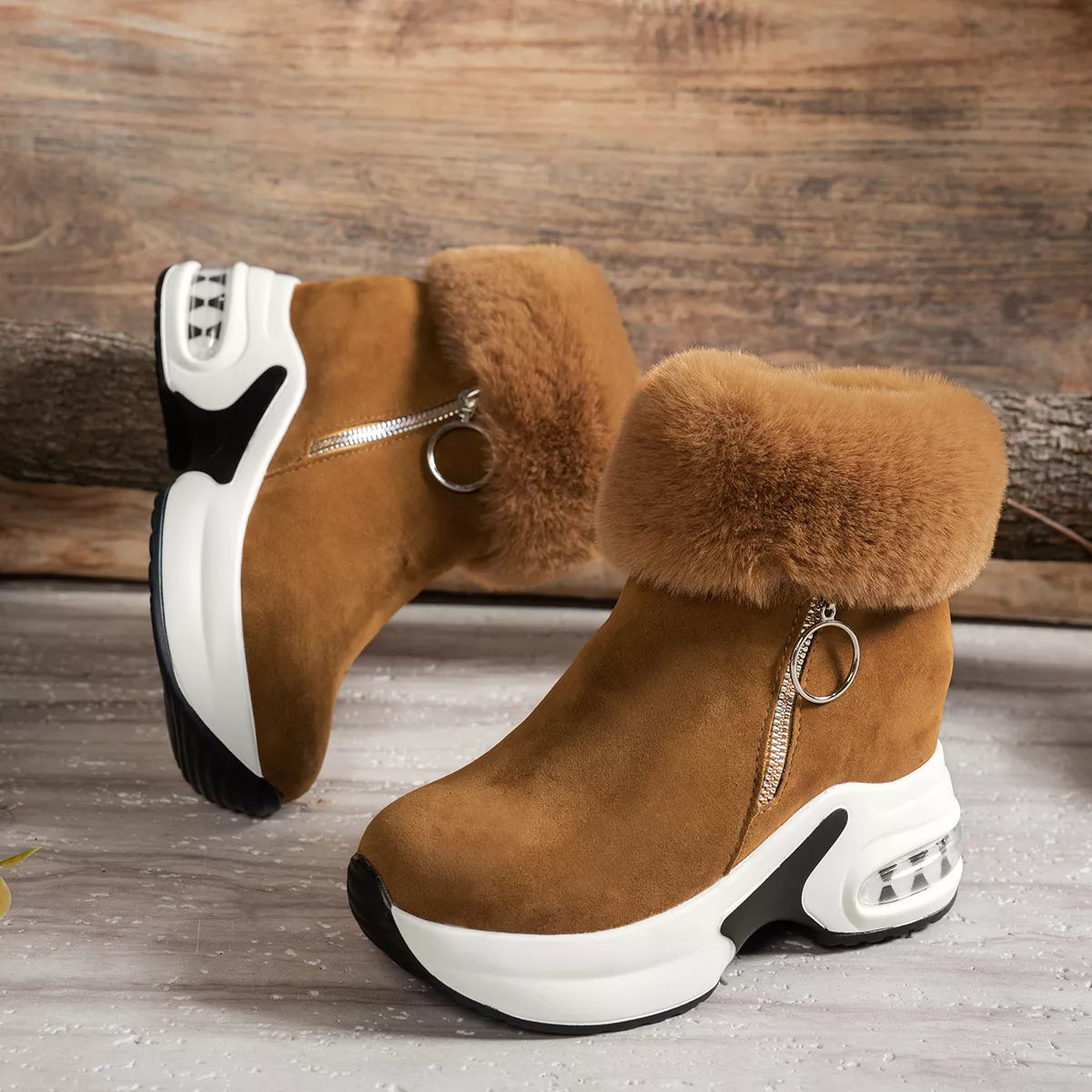 Fuzzy Side Zipper Platform Ankle Boots -