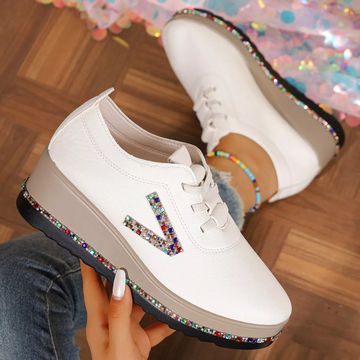 Rhinestone Round Toe Wedge Sneakers -