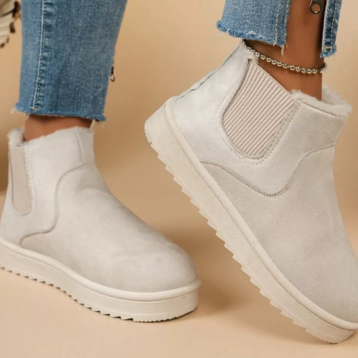Round Toe Platform Boots - Beige