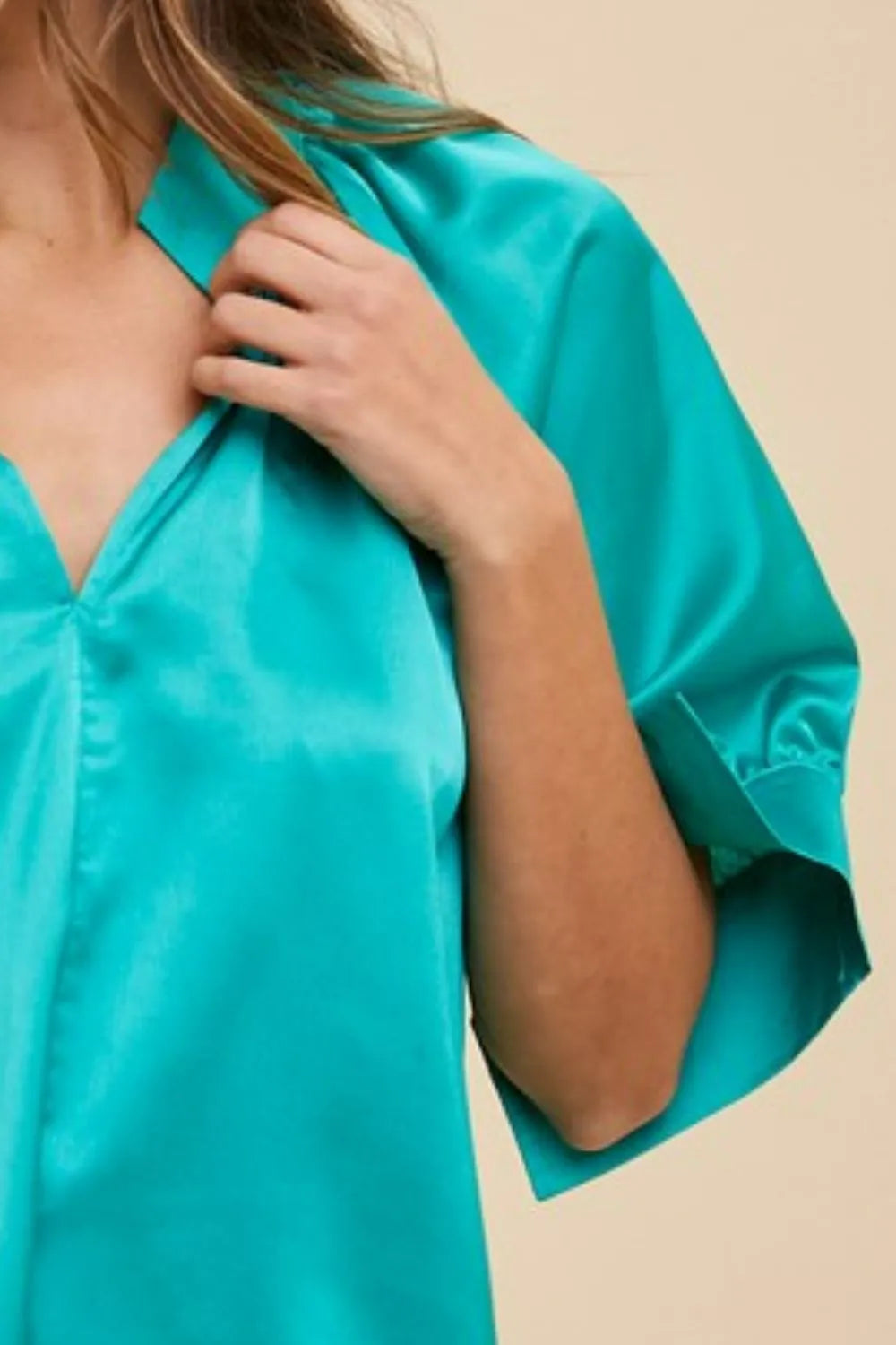 Satin V-Neck Short Sleeve Woven Blouse Top - Emerald
