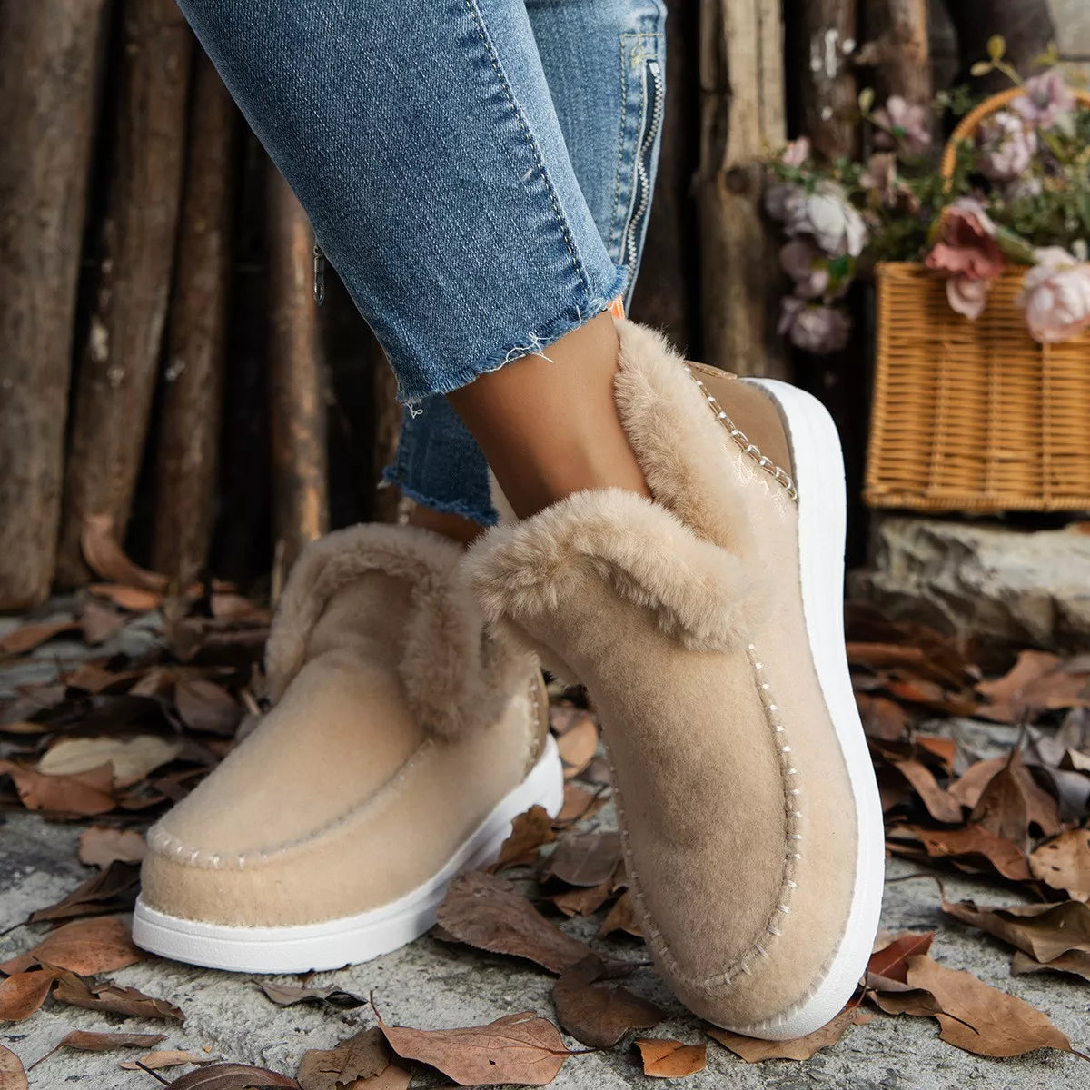 Cozy Fur-Trimmed Slip-Ons - Khaki