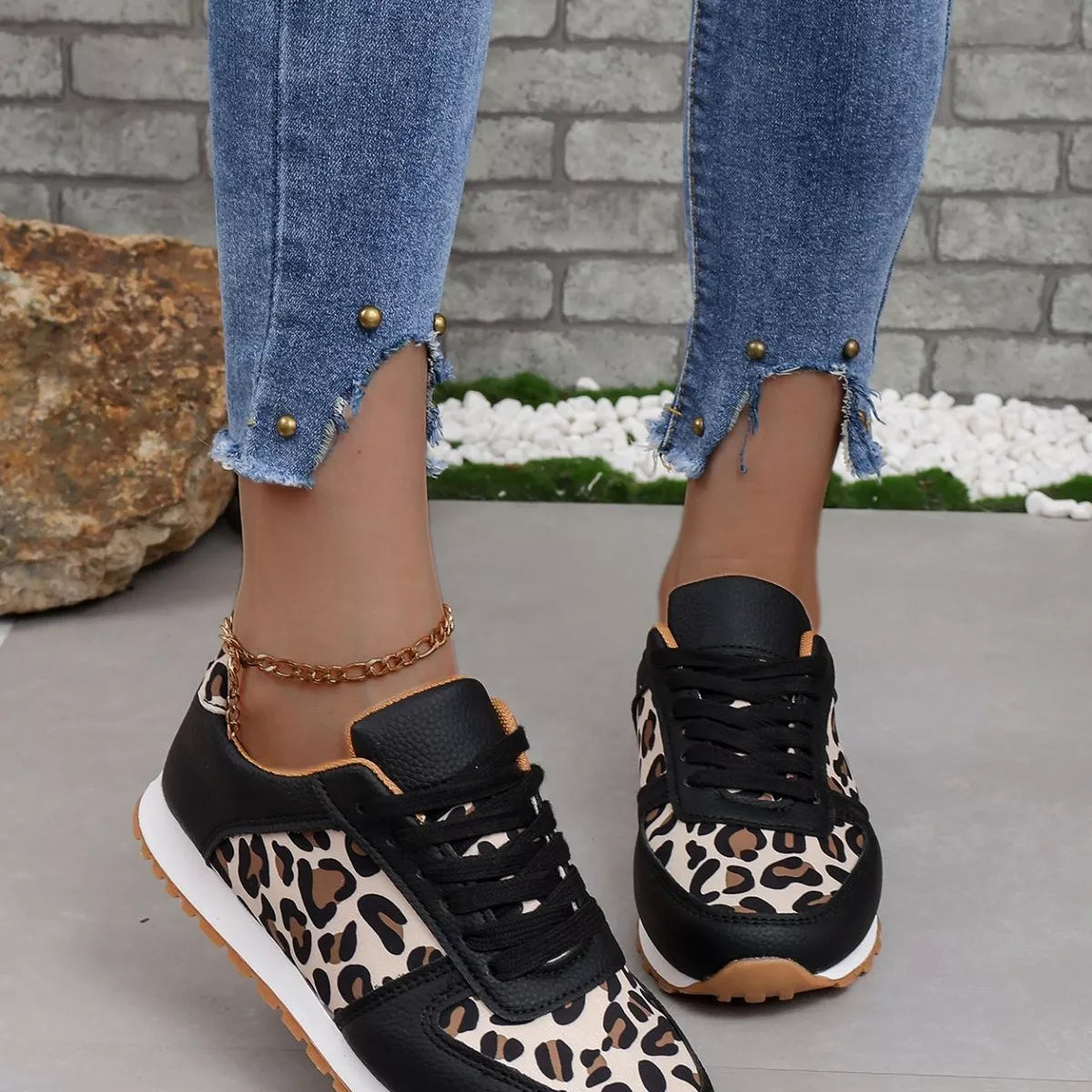 Leopard Print Casual Sneakers - Black