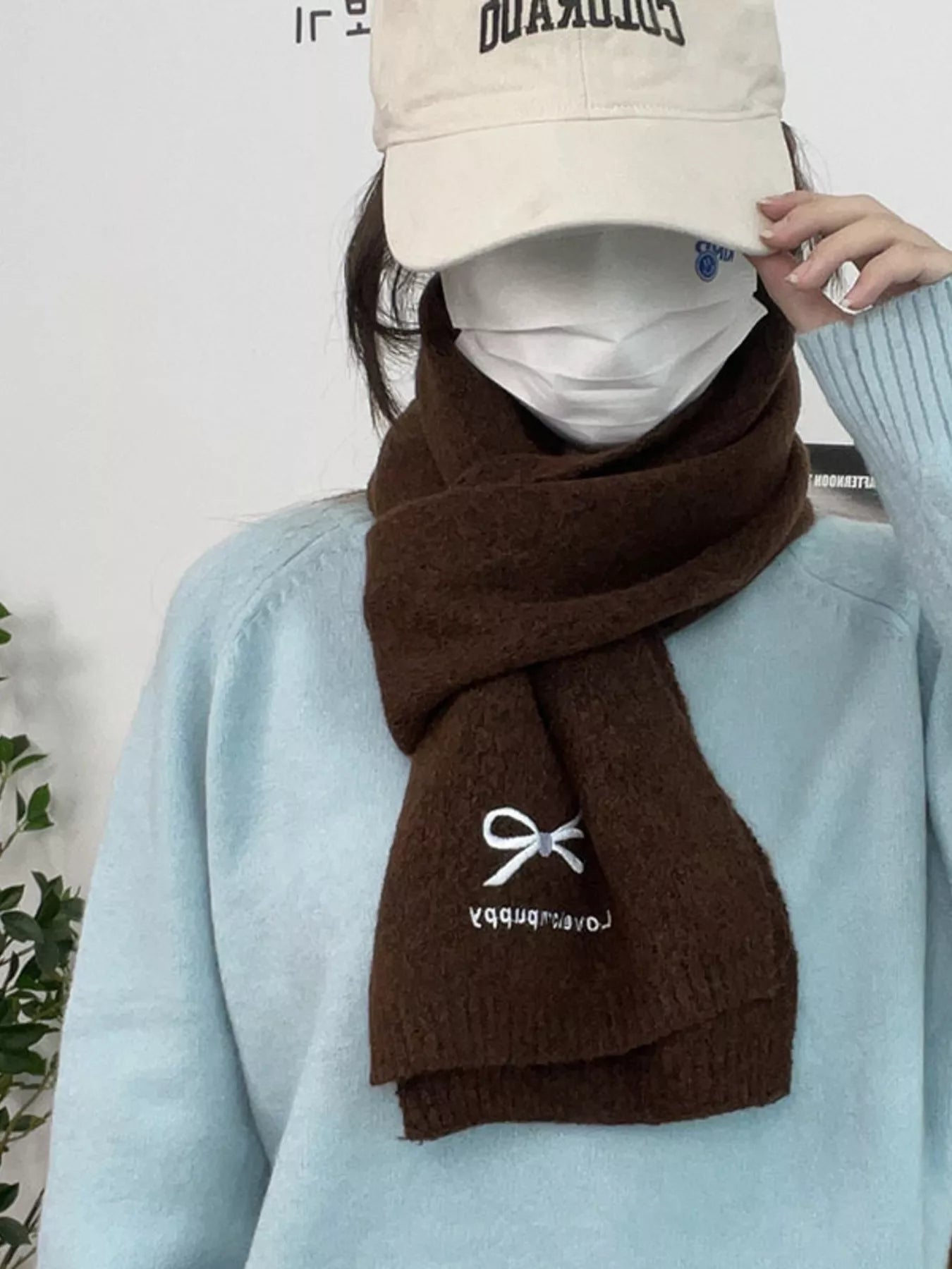 Embroidered Bowknot Scarf - Brown One Size