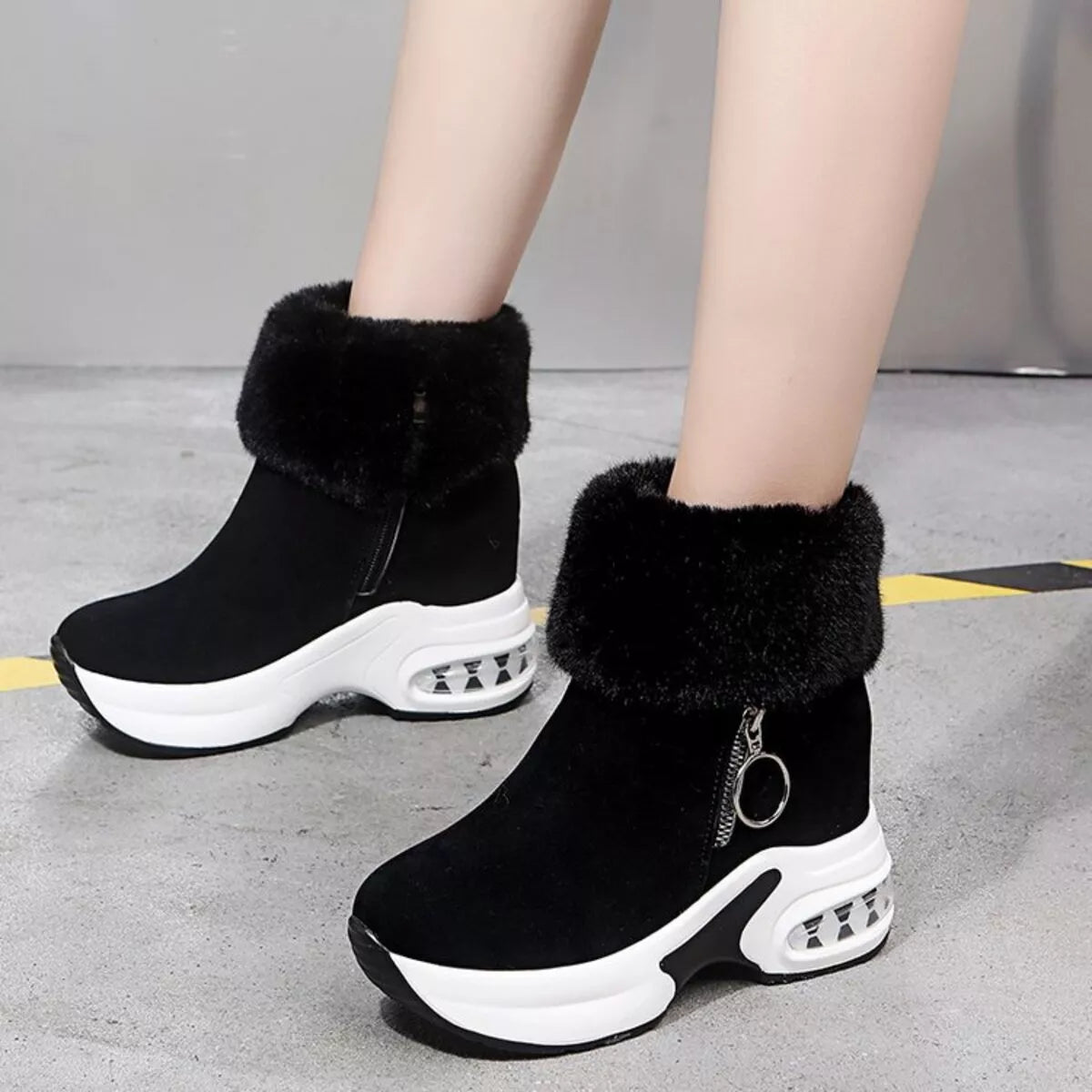 Fuzzy Side Zipper Platform Ankle Boots - Black
