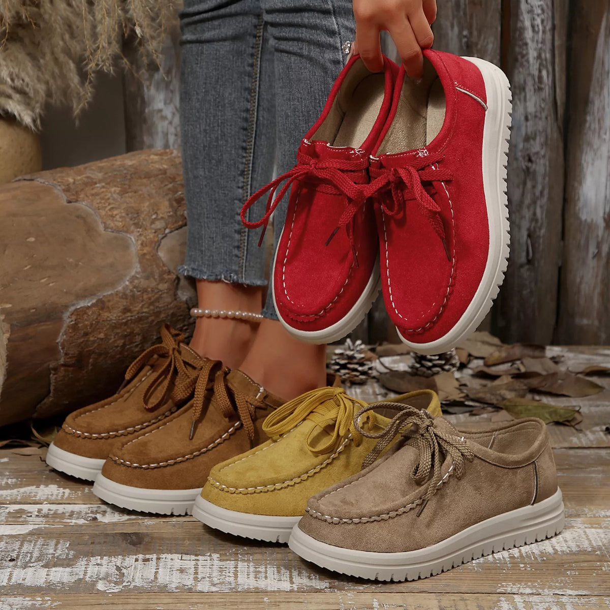 Lace-Up Round Toe Loafers - Brown