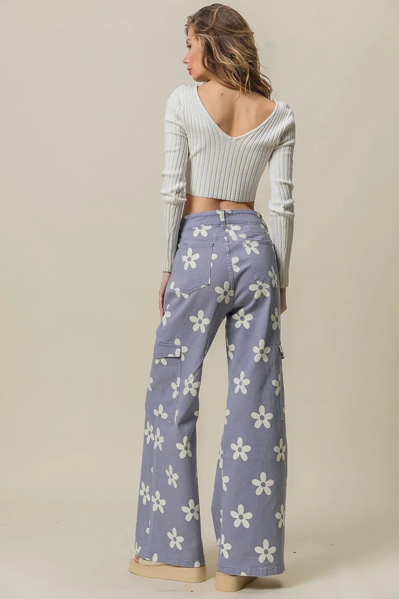 Flower Printed Side Pocket Wide Pants - Dusty Lavender