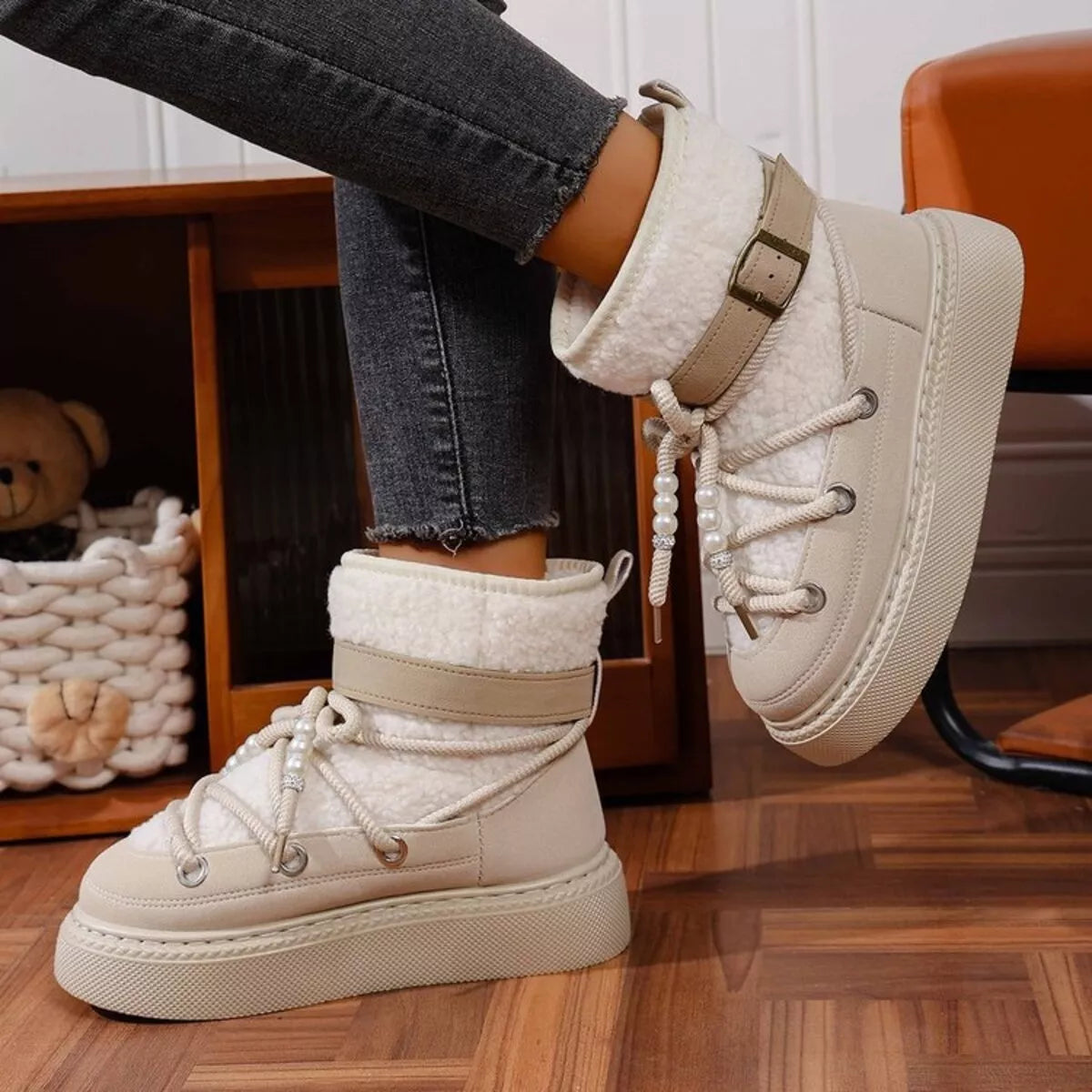 Lace Up Platform Boots - Beige