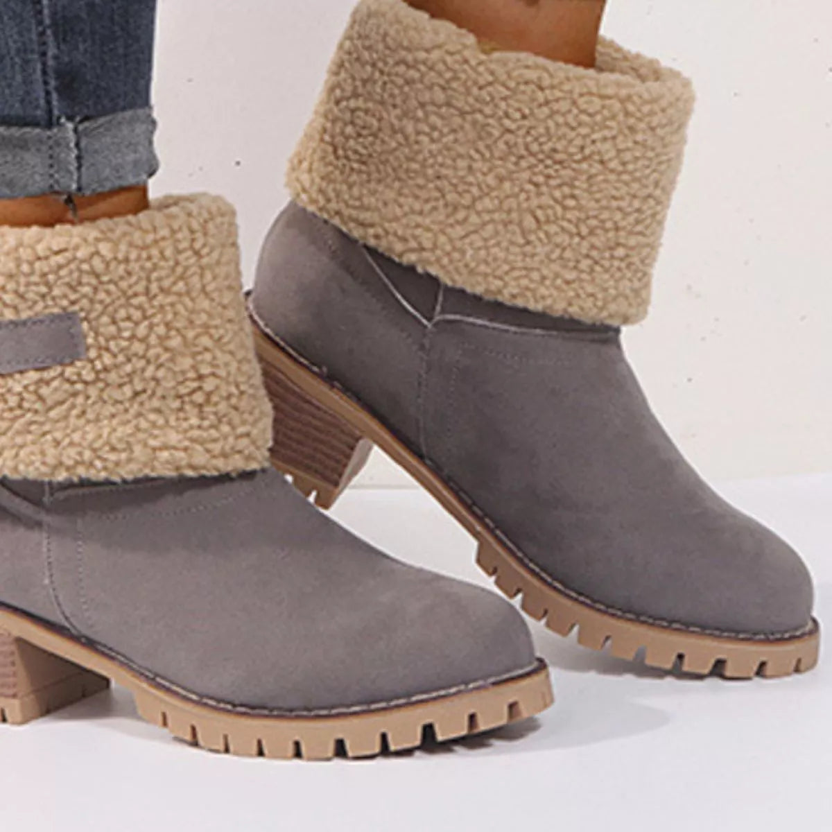 Round Toe Block Heels Boots - Dark Gray