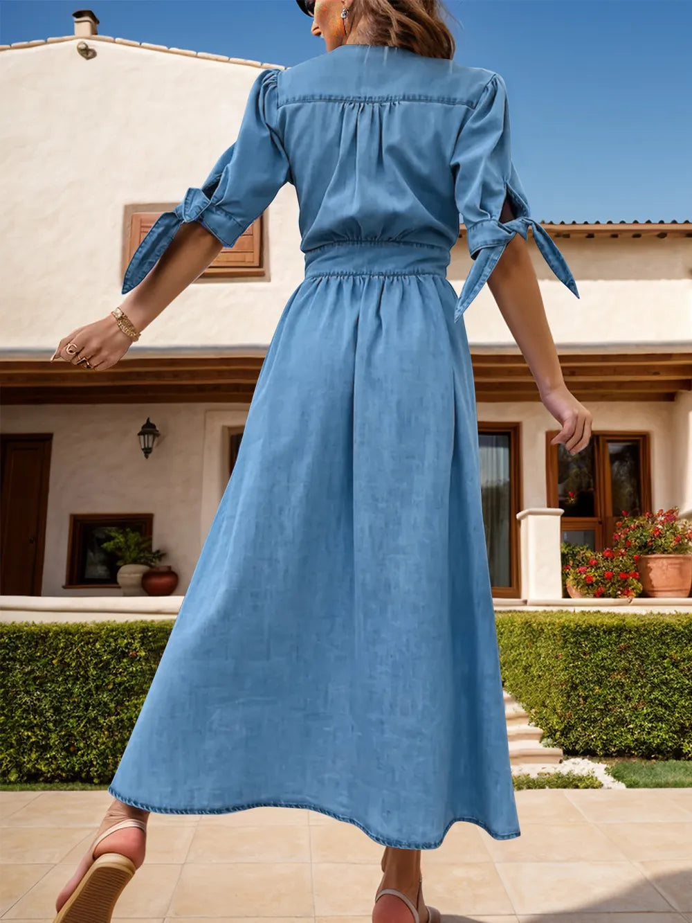 Plunge Button Up Half Sleeve Denim Dress -