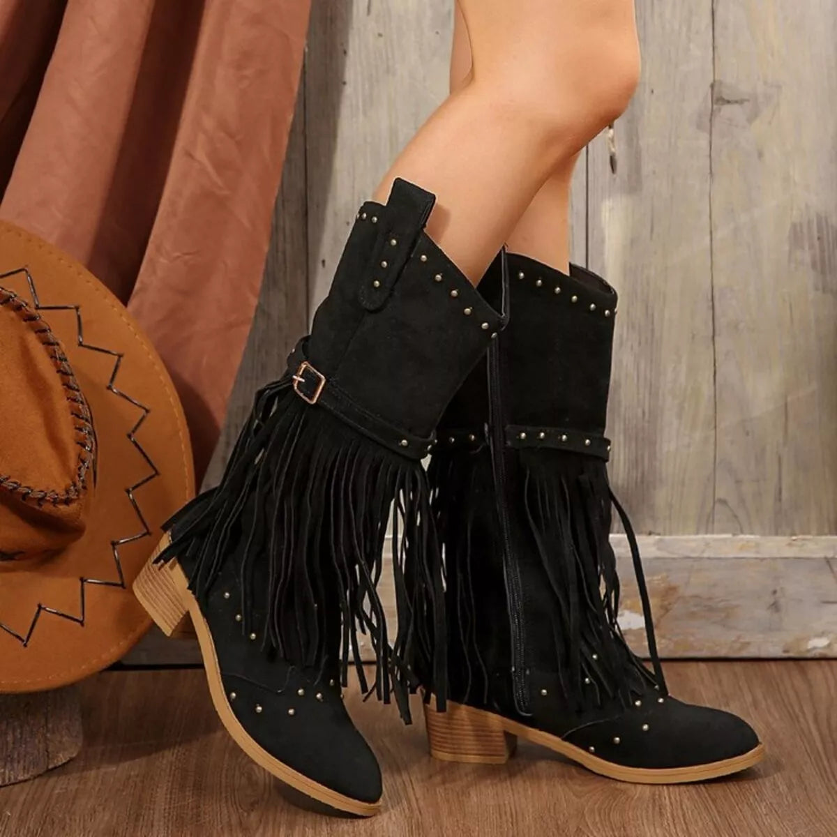 Fringe Point Toe Block Heels Boots - Black