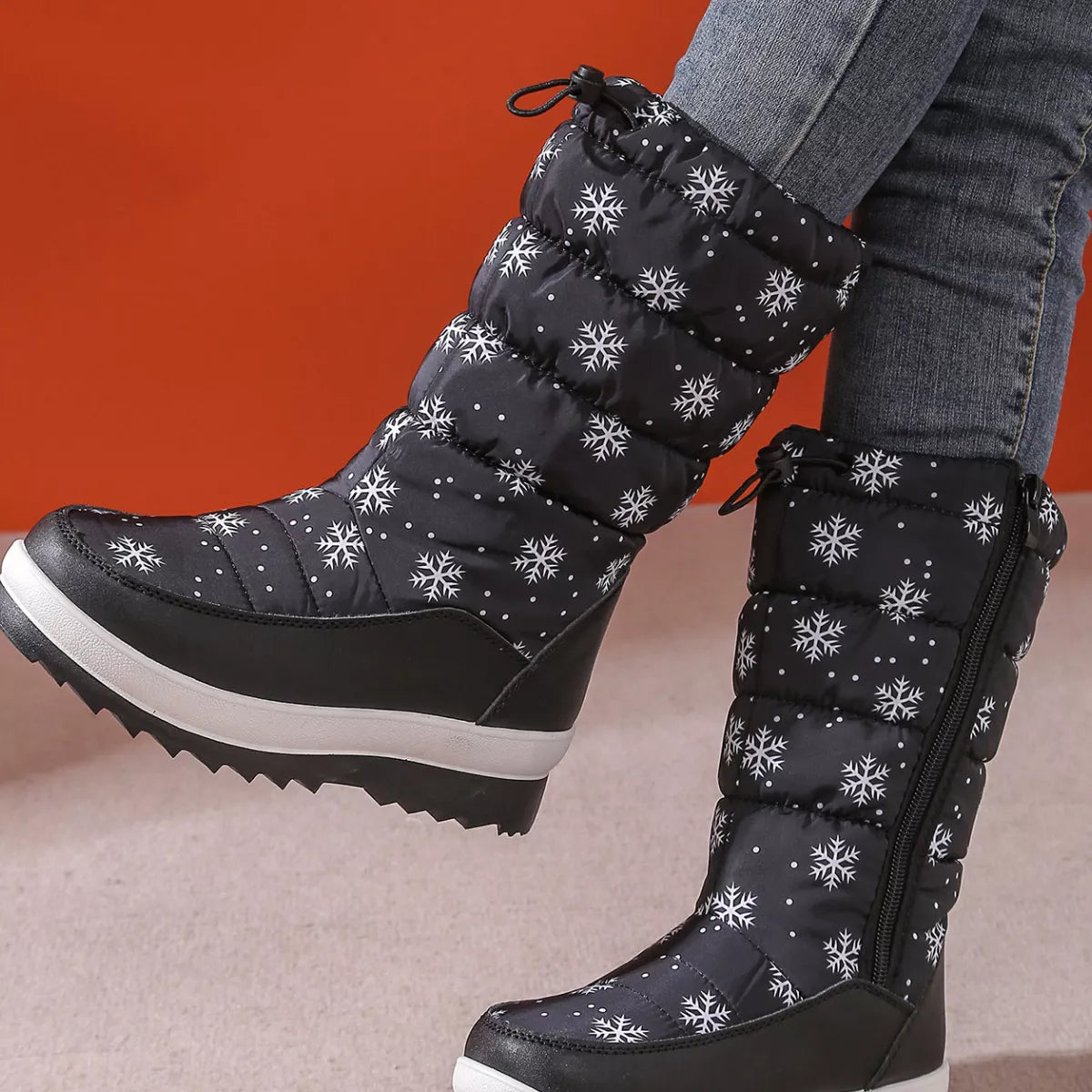 Snowflake Pattern Platform Winter Boots - Black