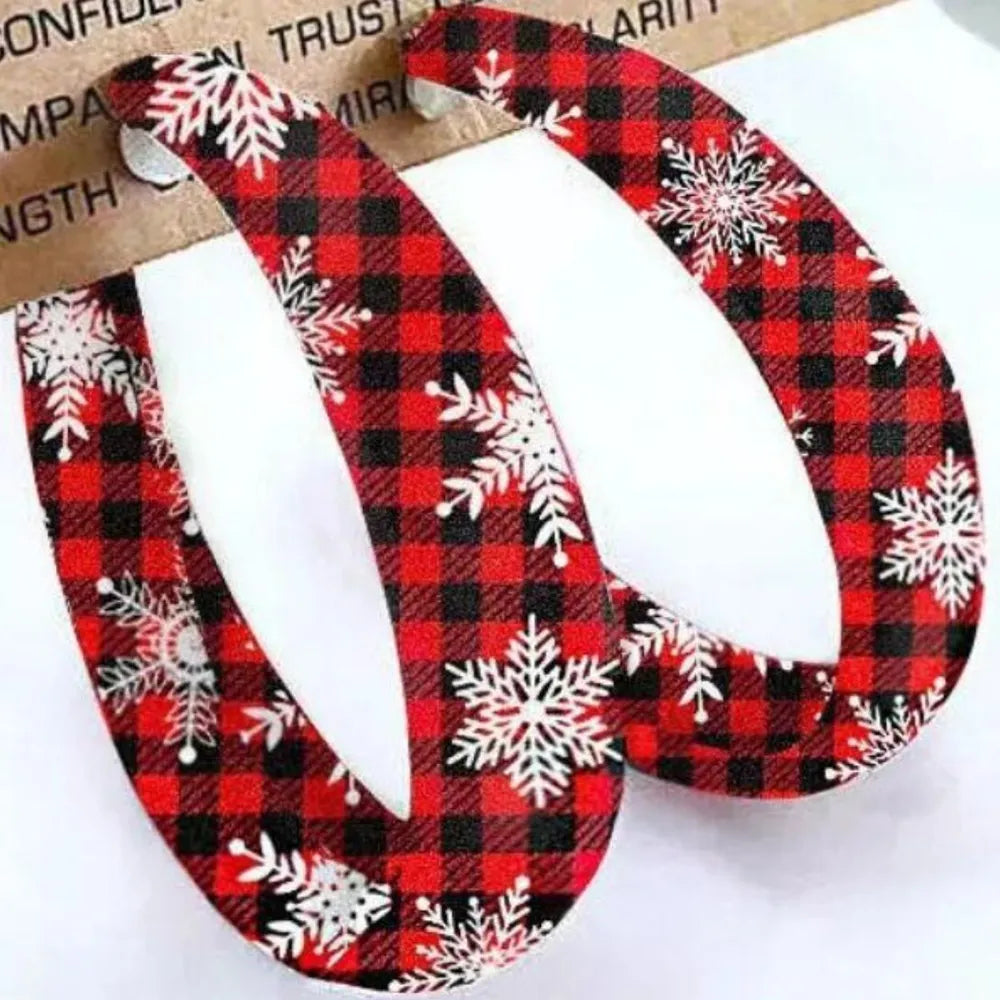 Plaid PU Leather Hoop Earrings - Snowflake One Size