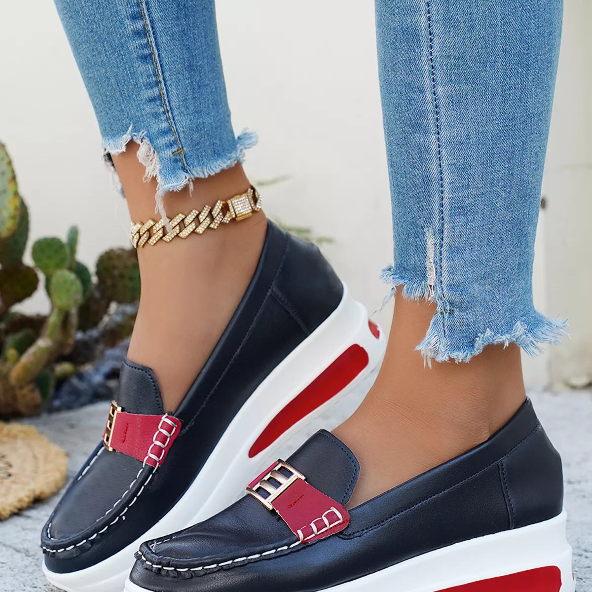 Metal Buckle Round Toe Slip-Ons -
