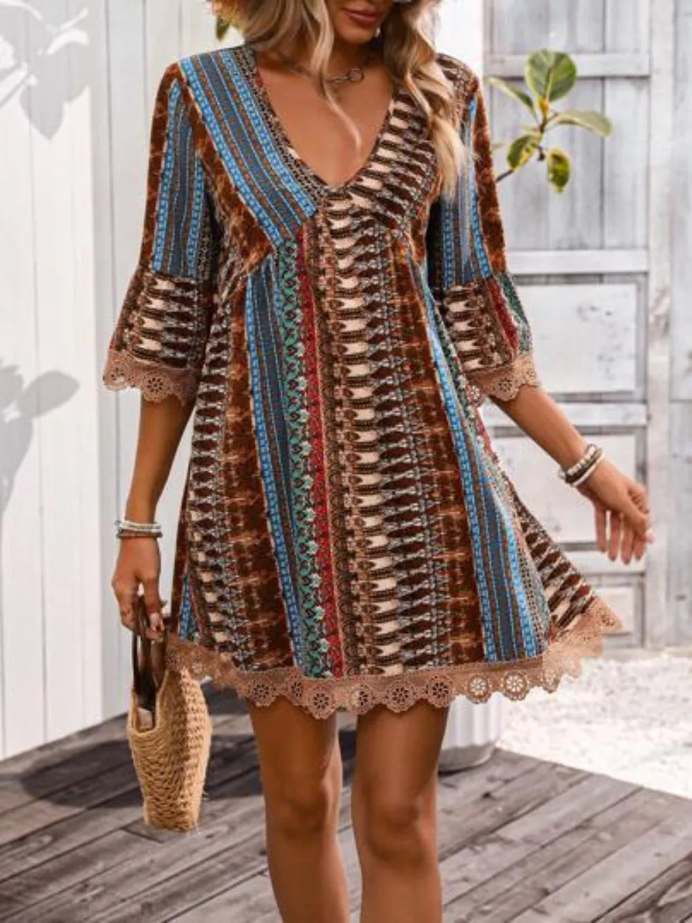 Lace Trim Printed V-Neck Dress - Brown