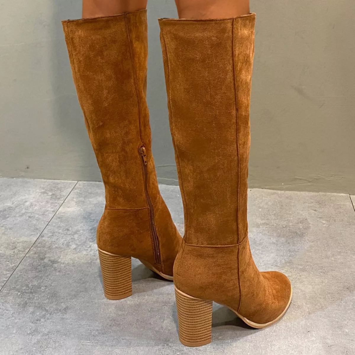 Point Toe Knee-High Suede Block Heel Boots -