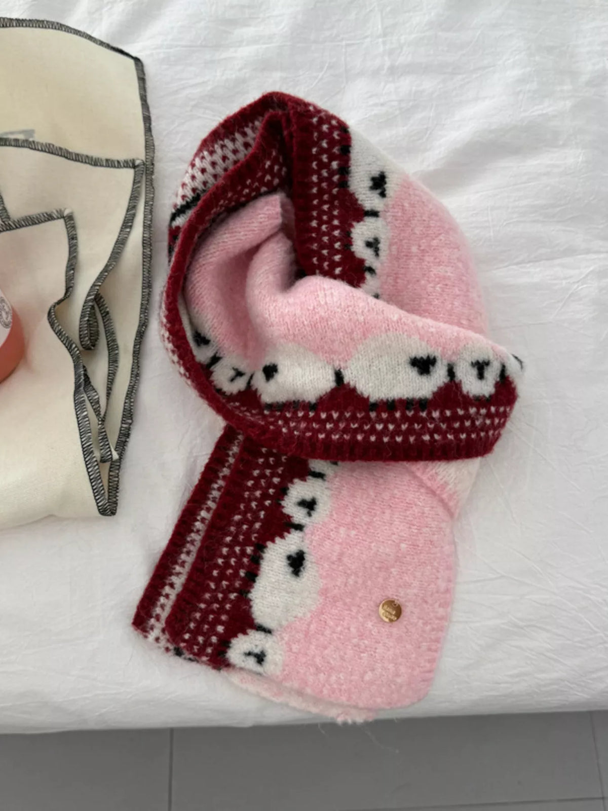 Sheep Pattern Knitted Scarf - Pink One Size