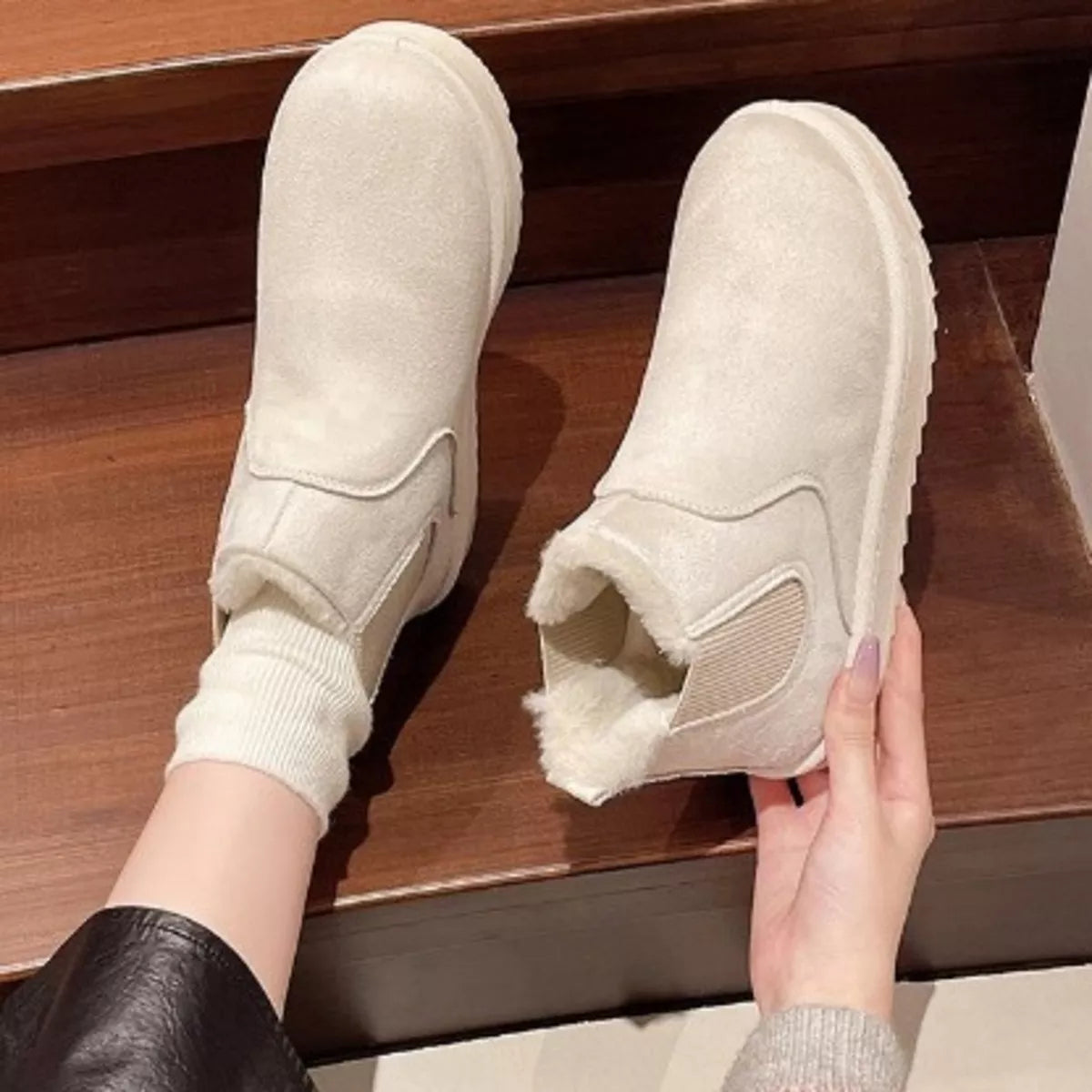 Round Toe Platform Boots - Beige