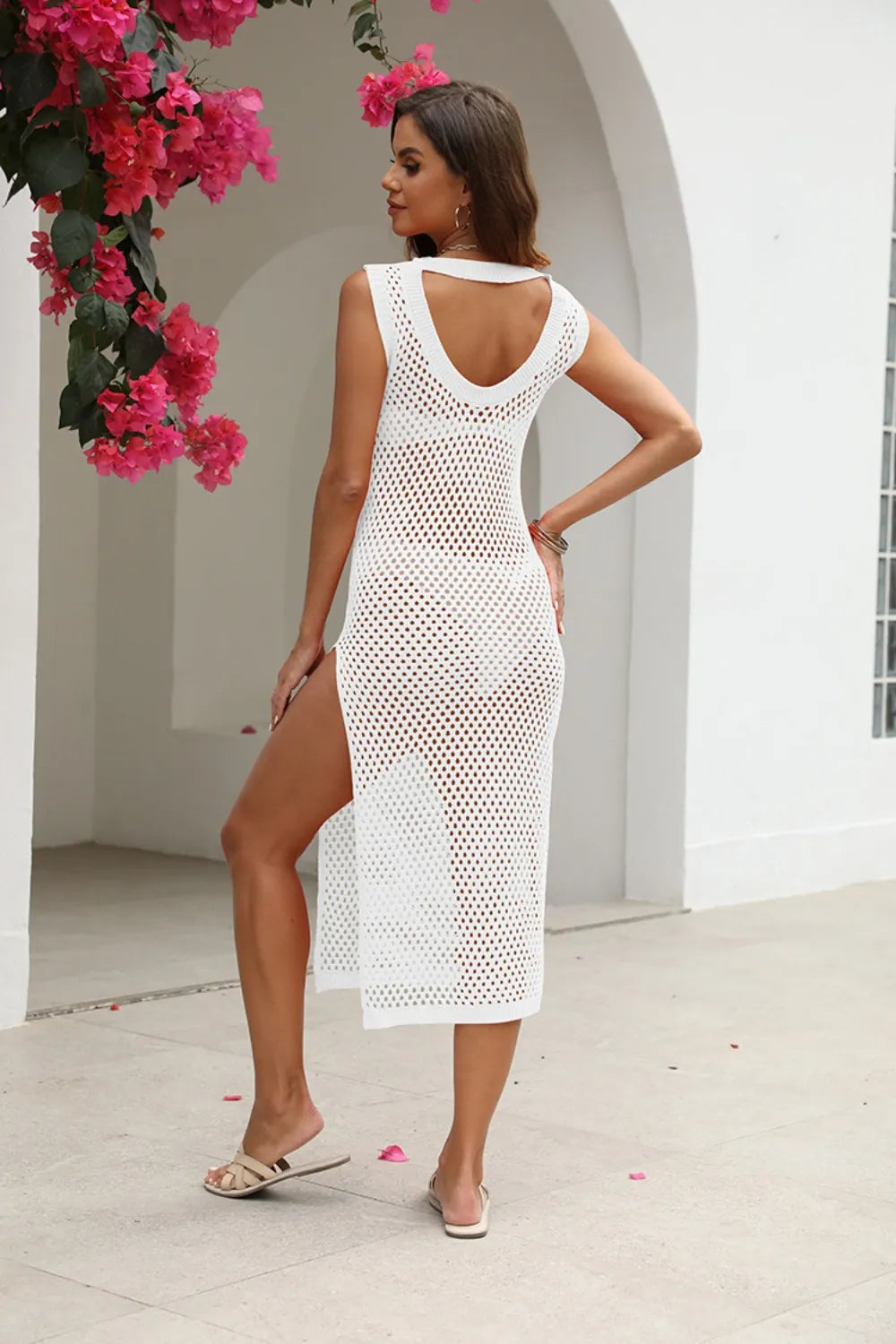 Openwork Round Neck Sleeveless Cover-Up -