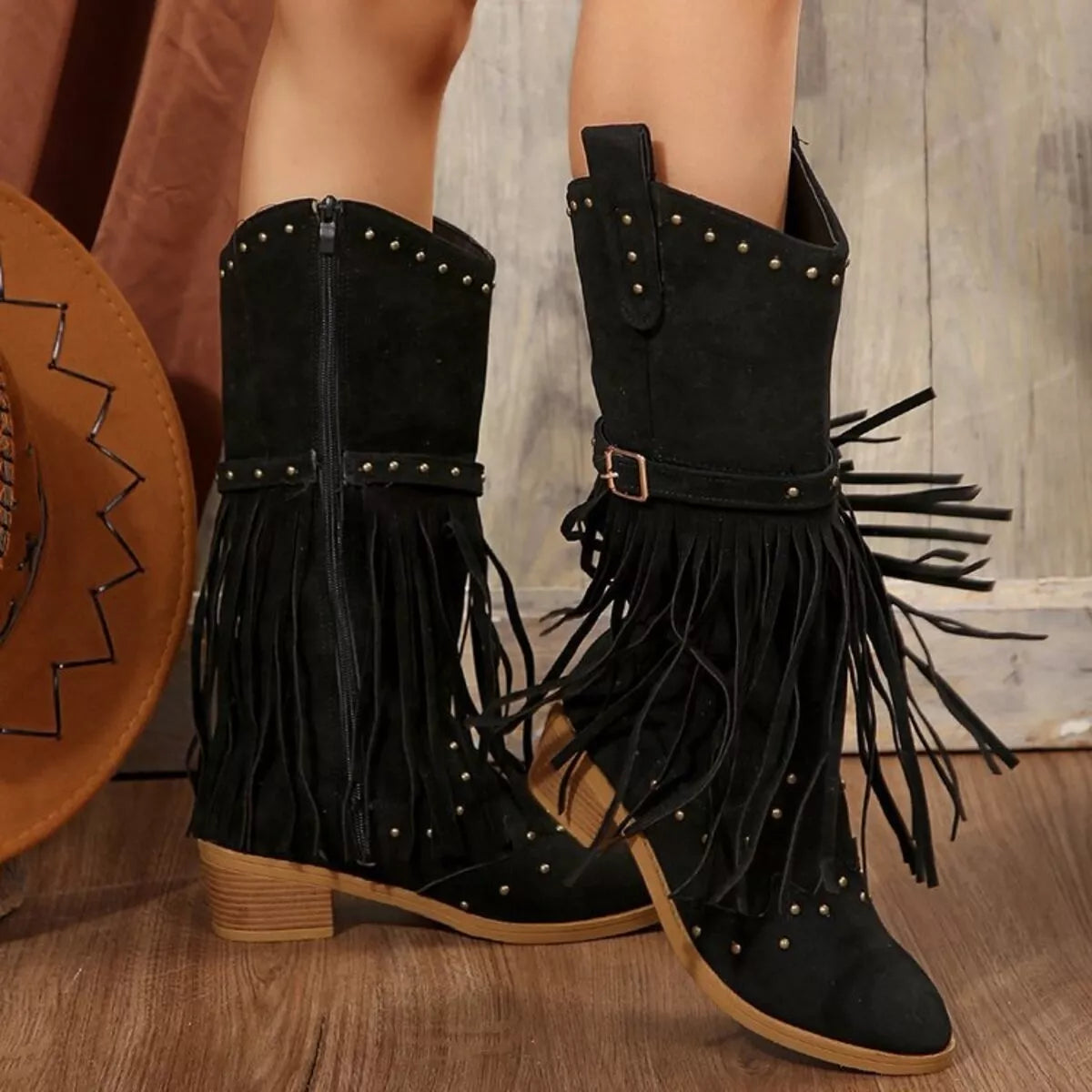 Fringe Point Toe Block Heels Boots - Black