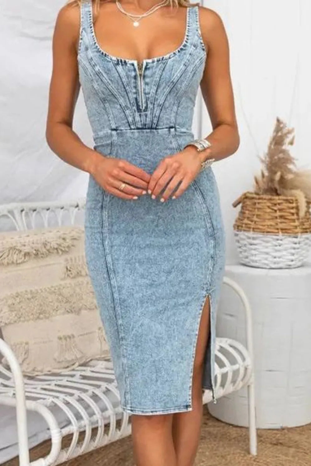 Side Slit Washed Scoop Neck Denim Dress -