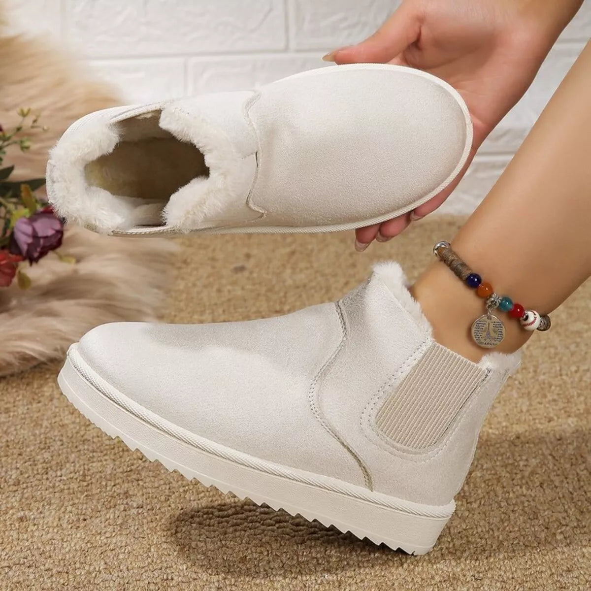 Round Toe Platform Boots - Beige