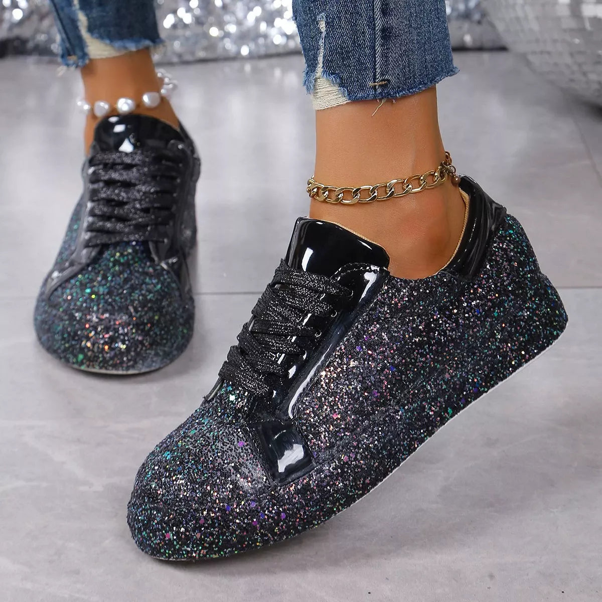 Sequin Lace Up Sneakers - Black