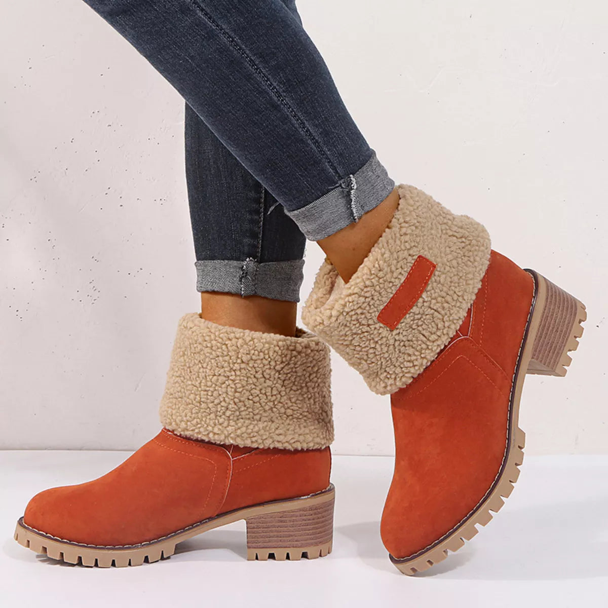 Round Toe Block Heels Boots - Orange