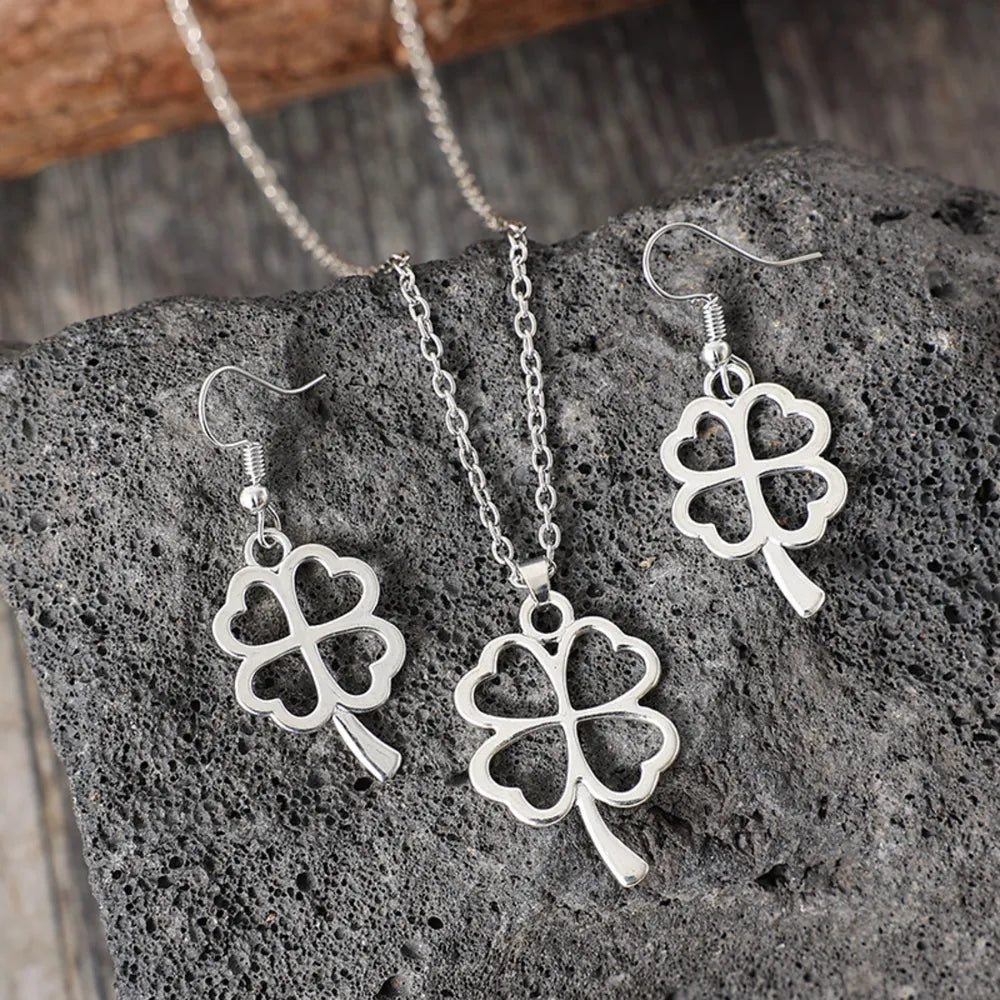 Lucky Clover Alloy Earrings and Necklace Jewelry Set -