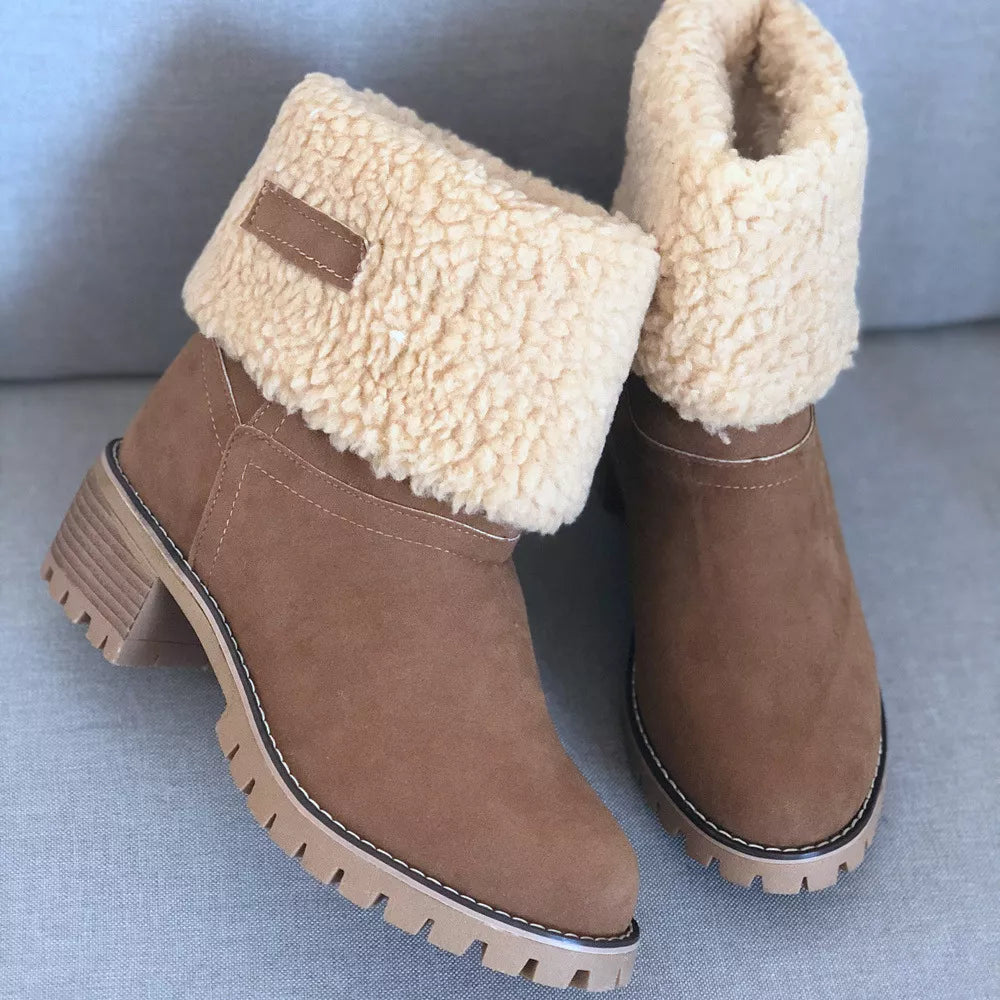 Round Toe Block Heels Boots - Khaki