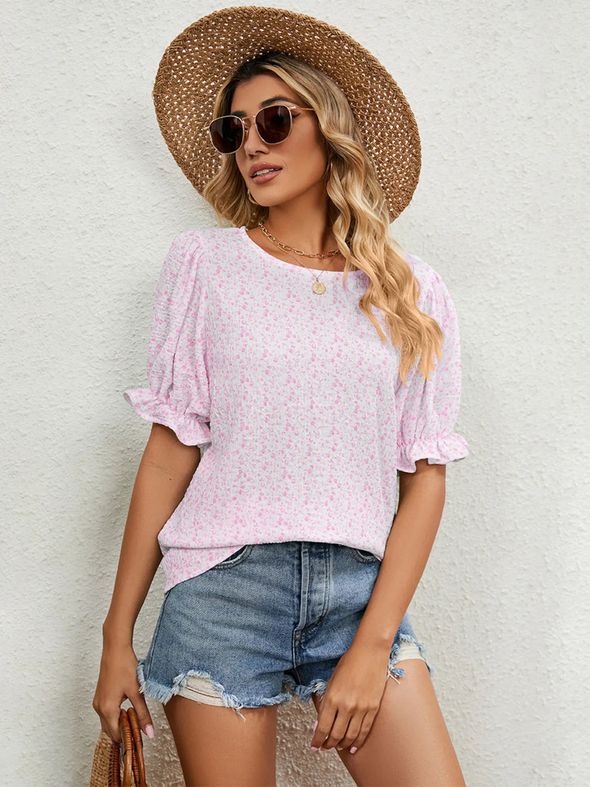 Printed Puff Sleeve Casual Blouse - Pink