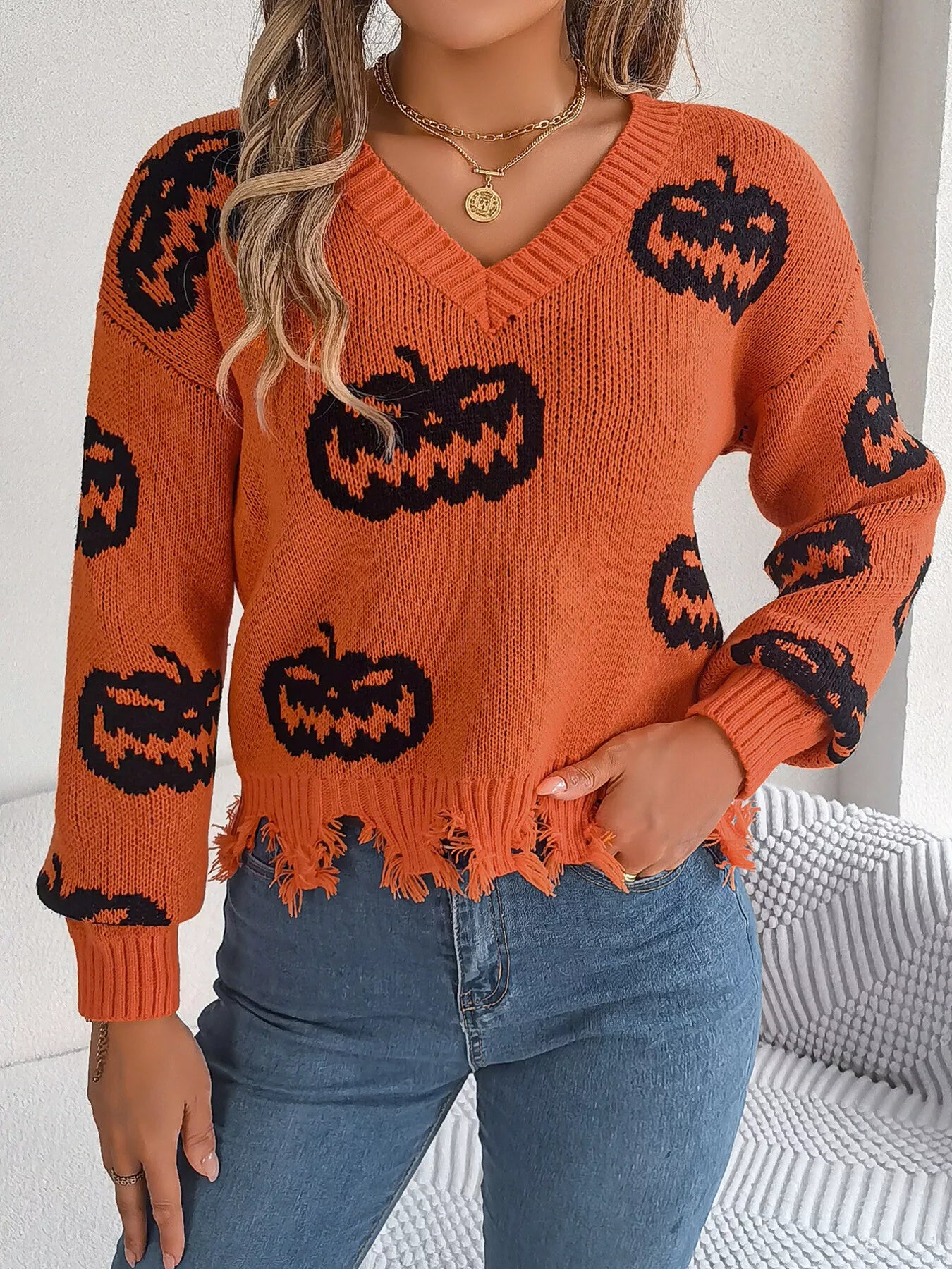 Pumpkin Pattern Raw Hem V-Neck Sweater - Orange