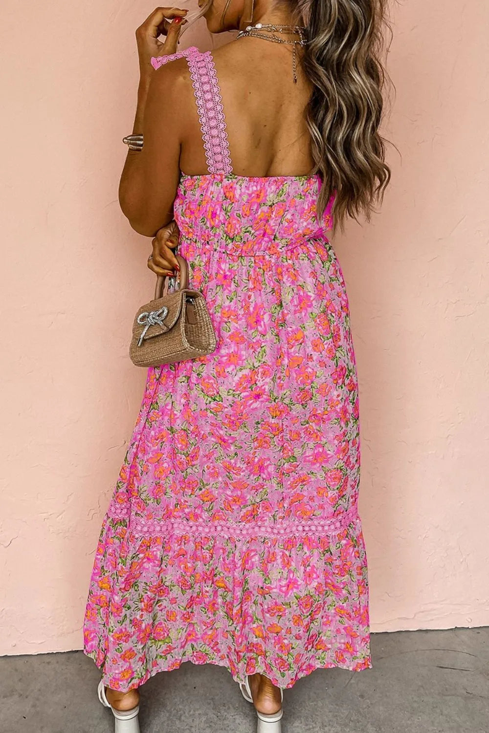 Floral Lace Wide Strap Square Neck Maxi Dress -