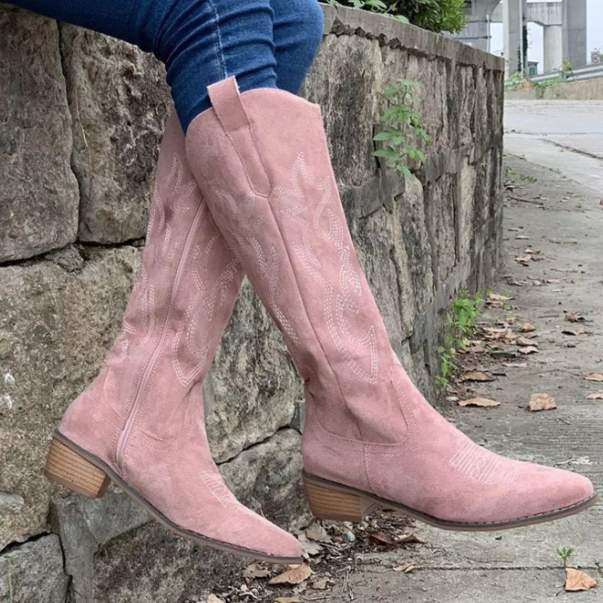 Point Toe Block Heels Boots - Dusty Pink