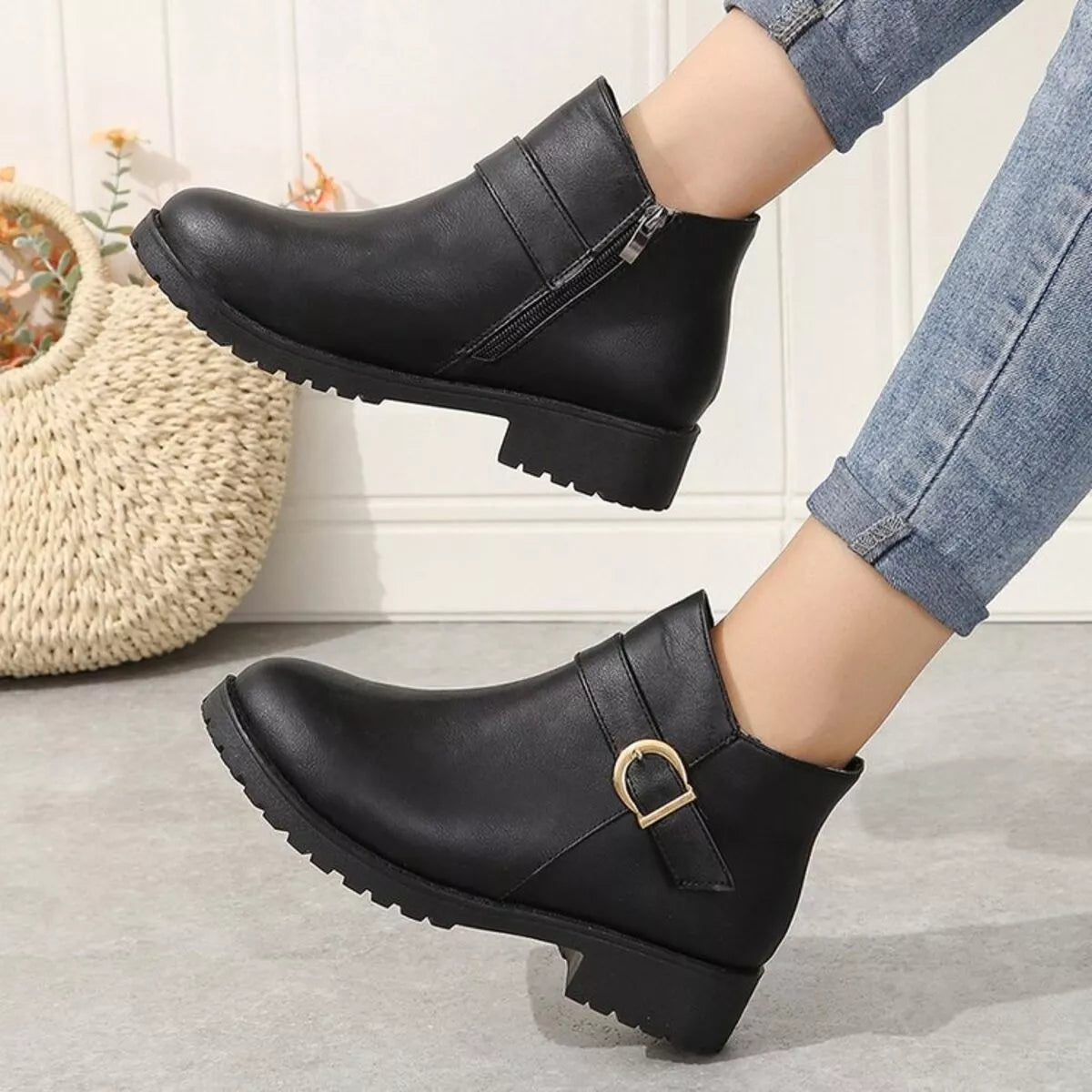 Buckle Accent Ankle Boots - Black