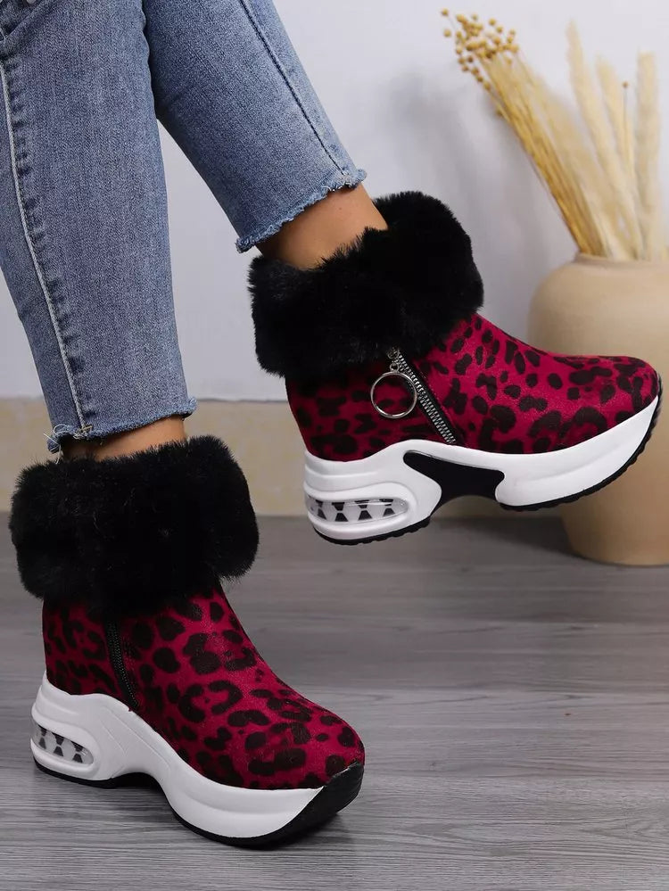 Fuzzy Side Zipper Platform Ankle Boots -