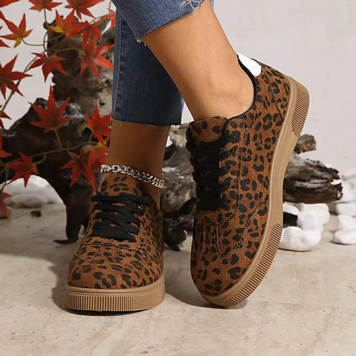 Leopard Lace Up Sneakers -