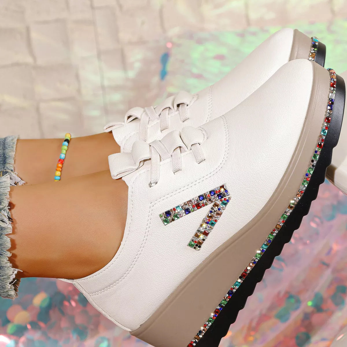Rhinestone Round Toe Wedge Sneakers -