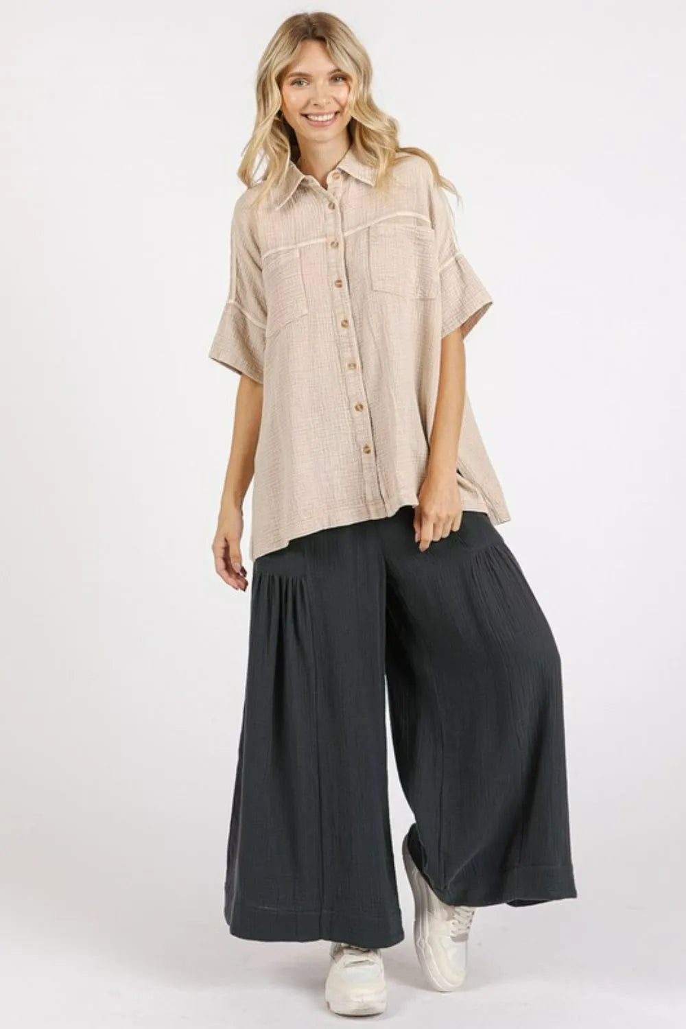 Mineral Wash Gauze Oversized Short Sleeve Shirt - Sand