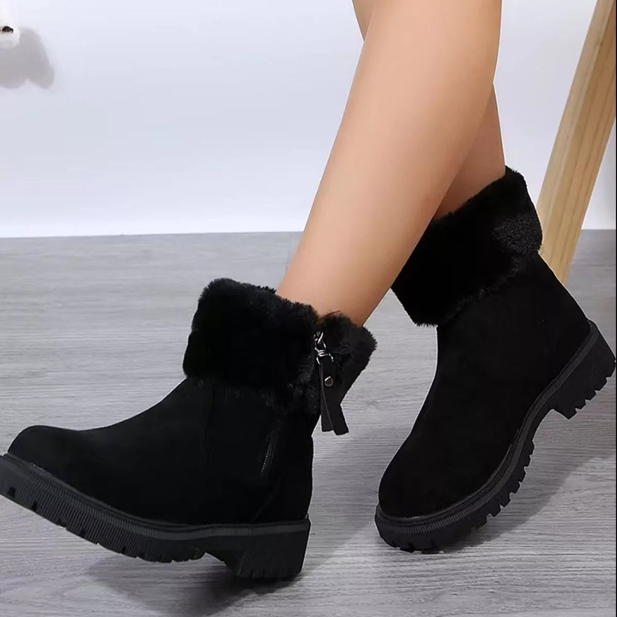 Side Zipper Fuzzy Boots - Black